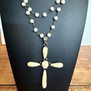 Vintage Large Boho Hippie Cream Cross Pendant Necklace